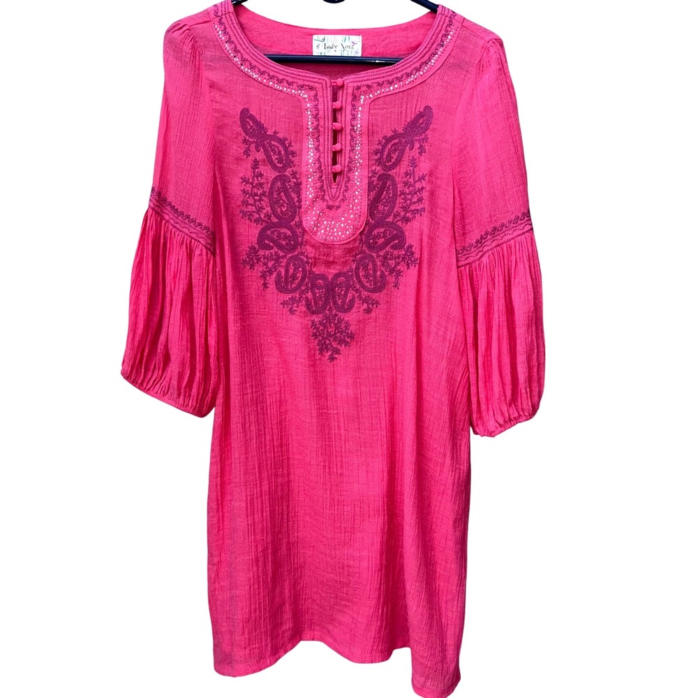 Lady Noiz Pink Paisley Embroidered Rhinestone Tunic Dress Puff Sleeve Boho